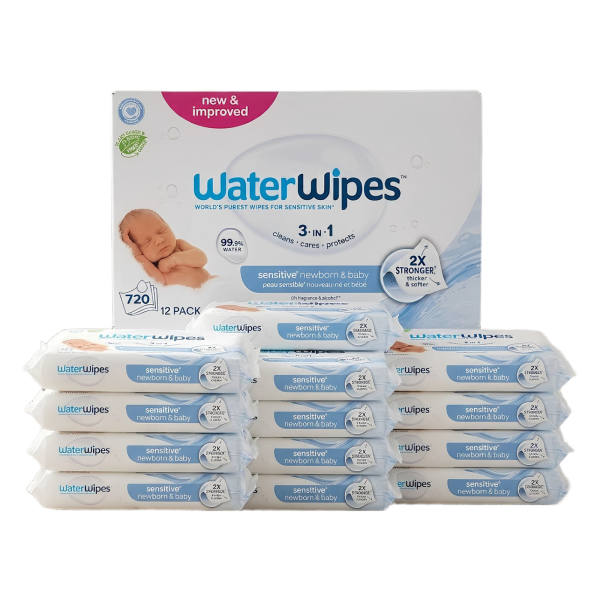 WaterWipes Sensitive+ Newborn & Baby Wipes | 720 Count Bulk Buy (12 x 60 Wipes)